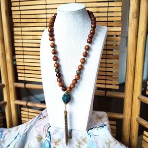 Wood Wooden Carved Bead Beaded Vintage Tassel Necklace EUC